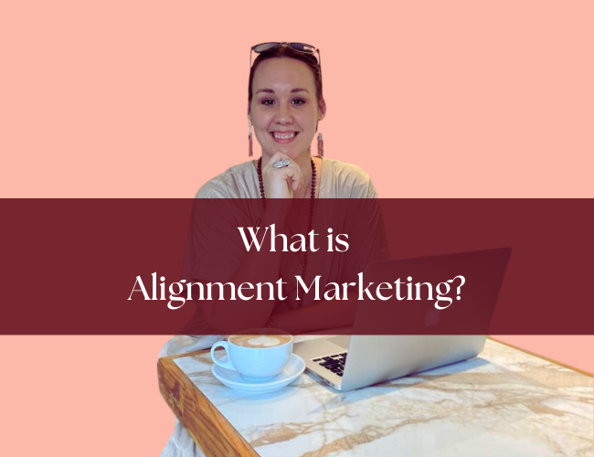 Karna Liv Nau look into camera as she sits with a coffee and laptop in front of her asking what is alignment marketing?